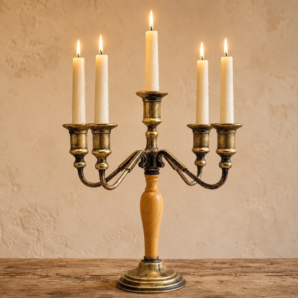 Vintage Italian Brass Wood 5 Arm Candelabra Candle Holder Made in Italy 12"